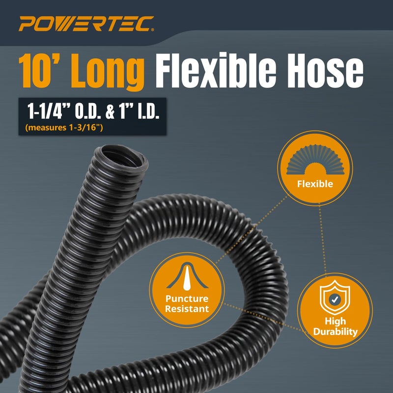 POWERTEC مجموعة خرطوم جمع الغبار POWERTEC 70175 بطول 10 قدم مع 5 ملحقات لأدوات النجارة المنزلية ومكانس الرطب/الجاف - Image 2
